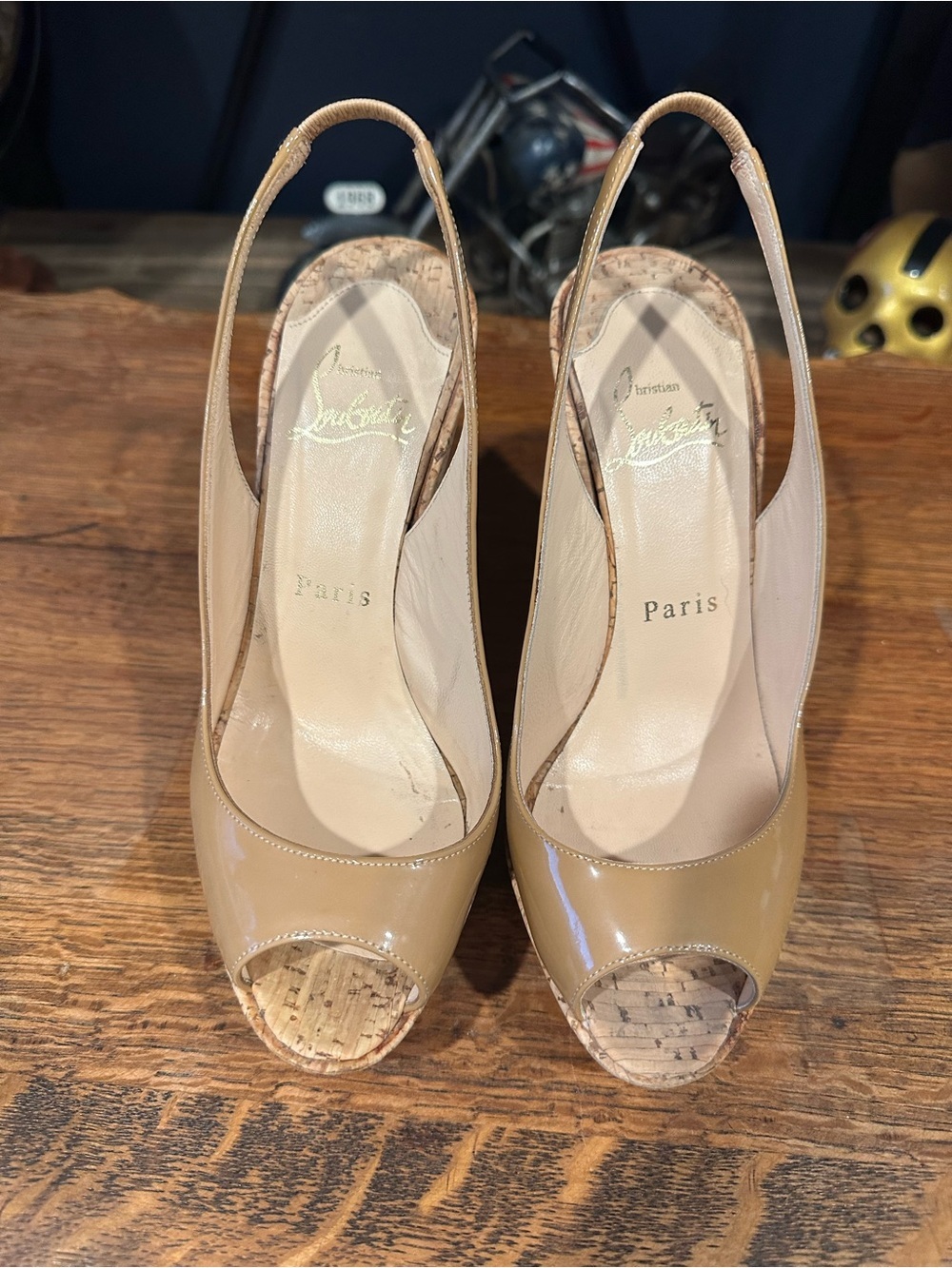 Christian Louboutin Beige Patent Peep-Toe Slingback Heels